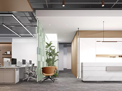Modern Stylish Office Reception Area With Marble Counter Open Workspace And Elegant Fresh Green Plants 3d model