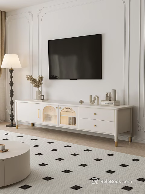 Elegant White TV Stand With Glass Doors Drawers Decorative Items And Floor Lamp On Wall 3d model 