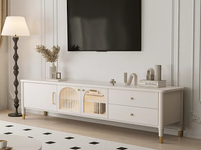 Elegant White TV Stand With Glass Doors Drawers Decorative Items And Floor Lamp On Wall 3d model