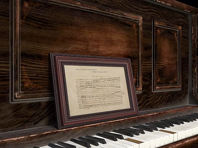 Vintage Wooden Piano With Framed Music Sheet And Black White Keys 3d model