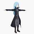 Woman With Blue Long Hair Wearing Black Long Coat And Gray Pants Arms Outstretched