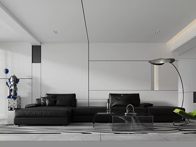 Modern Minimalist Living Room Interior Design With Black Sofa And White Walls 3d model