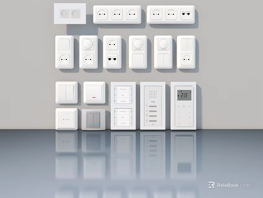 White Electrical Switches And Sockets On Gray Wall With Floor Reflection 3d model 