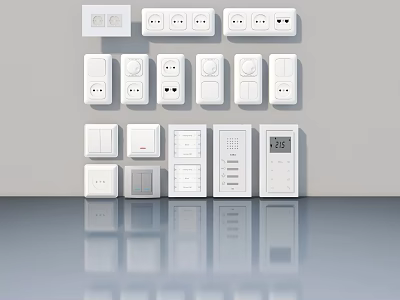 White Electrical Switches And Sockets On Gray Wall With Floor Reflection 3d model