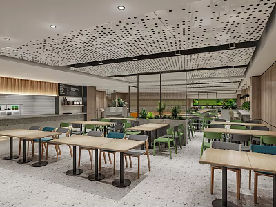 Modern Restaurant Interior With Perforated Ceiling Tables Chairs Wooden Elements And Green Plants 3d model