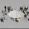 Indoor Gathering Scene With Many People Tables Chairs And Large Umbrella