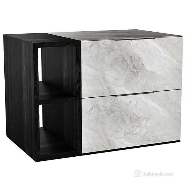 Modern Wooden Nightstand Design With Marble Drawers And Open Storage Shelves 3d model 