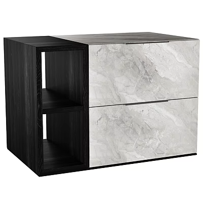 Modern Wooden Nightstand Design With Marble Drawers And Open Storage Shelves 3d model