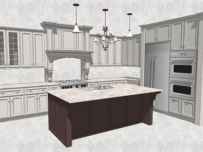 White Kitchen Cabinets With Brown Island Chandelier Oven And Refrigerator Interior 3d model