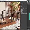 Black Metal Pet Cage with Soft Mat and Toys in Living Room with Wooden Floor