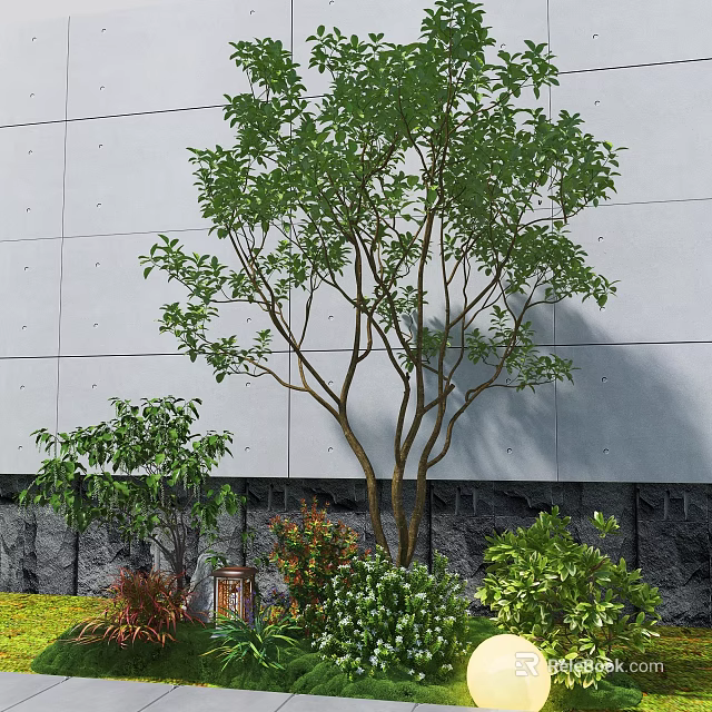 Lush Arbor With Green Shrubs Against Grey Building Wall And Stone Ground 3d model 