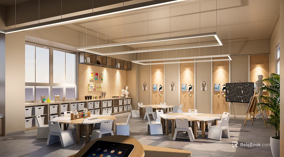 Modern School Classroom Interior With Tables Chairs Whiteboard Large Windows Bookshelves And Wall Art 3d model 