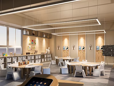 Modern School Classroom Interior With Tables Chairs Whiteboard Large Windows Bookshelves And Wall Art 3d model
