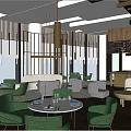 Modern Restaurant Interior With Green Chairs Gray Sofas Hanging Lights And Large Windows 3d model