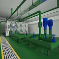Industrial Facility With Green Pipelines Blue Pumps And Metal Grating Walkway