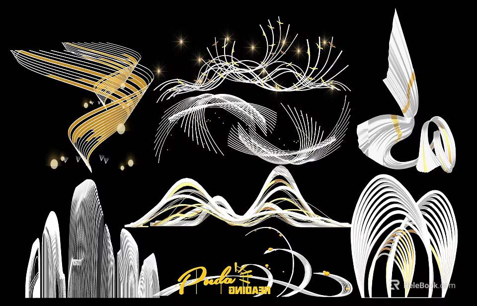 Modern Landscape Sculptures with Gold And White Flowing Lines Abstract Dynamic Forms For Outdoor Decor 3d model 
