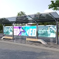 Bus Station With Transparent Roof Wooden Benches LED Billboards Amenity Signs And Green Trees