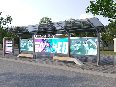 Bus Station With Transparent Roof Wooden Benches LED Billboards Amenity Signs And Green Trees 3d model