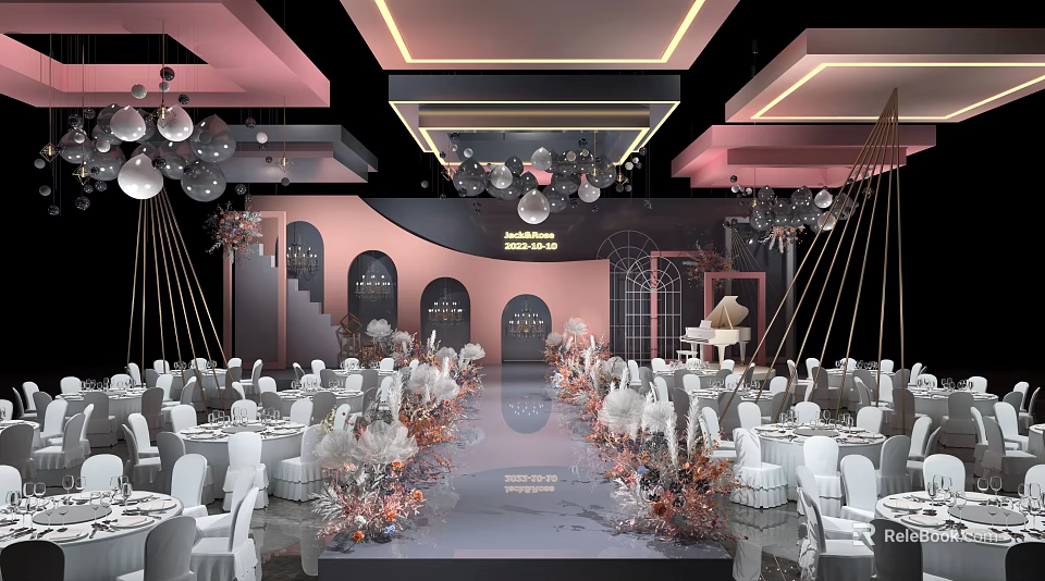 Elegant Banquet Hall with Wedding Decoration White Chairs Pink Grey Decor Chandelier Floral Stage Piano 3d model 