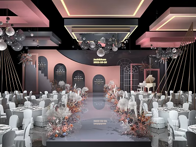 Elegant Banquet Hall with Wedding Decoration White Chairs Pink Grey Decor Chandelier Floral Stage Piano 3d model