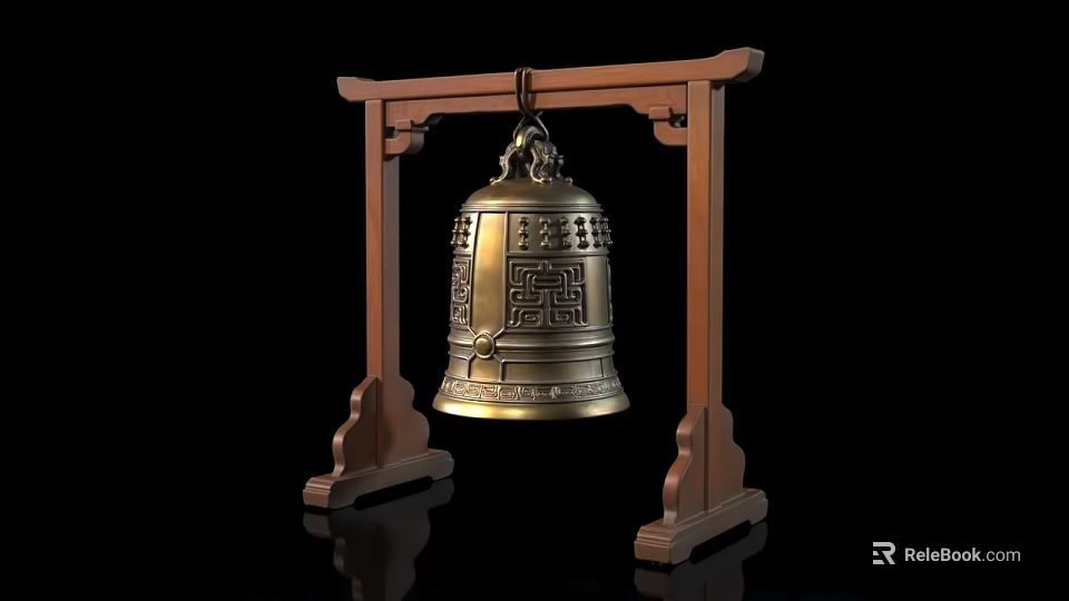 Ornate Brass Bell With Intricate Carvings On Wooden Stand 3d model 
