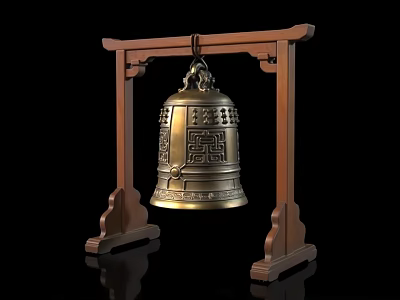 Ornate Brass Bell With Intricate Carvings On Wooden Stand 3d model