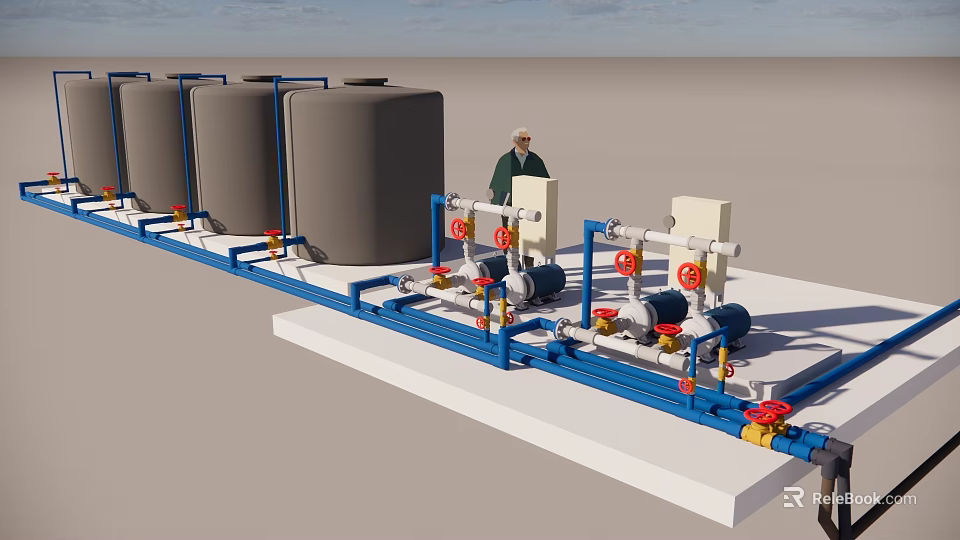Industrial Gray Water Storage Tanks With Blue Pipeline System And Valves 3d model 