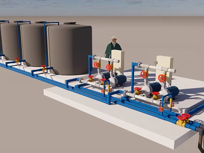 Industrial Gray Water Storage Tanks With Blue Pipeline System And Valves 3d model