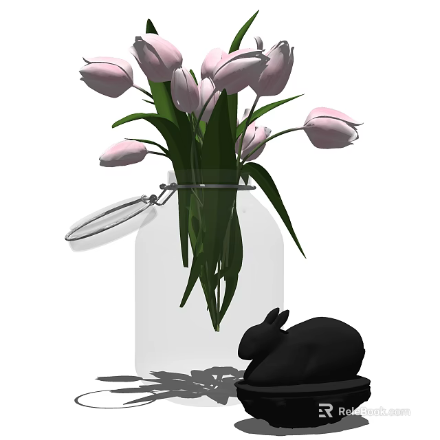 Transparent Glass Vase Holding Pink Tulips With Black Rabbit Figurine 3d model 
