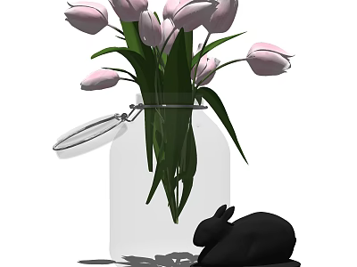Transparent Glass Vase Holding Pink Tulips With Black Rabbit Figurine 3d model
