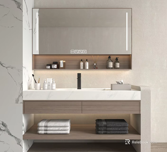 Modern Minimalist Bathroom Vanity With Marble Wall Mirror Storage Shelf Drawers And Towels 3d model 