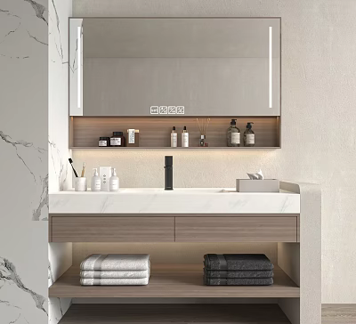 Modern Minimalist Bathroom Vanity With Marble Wall Mirror Storage Shelf Drawers And Towels 3d model