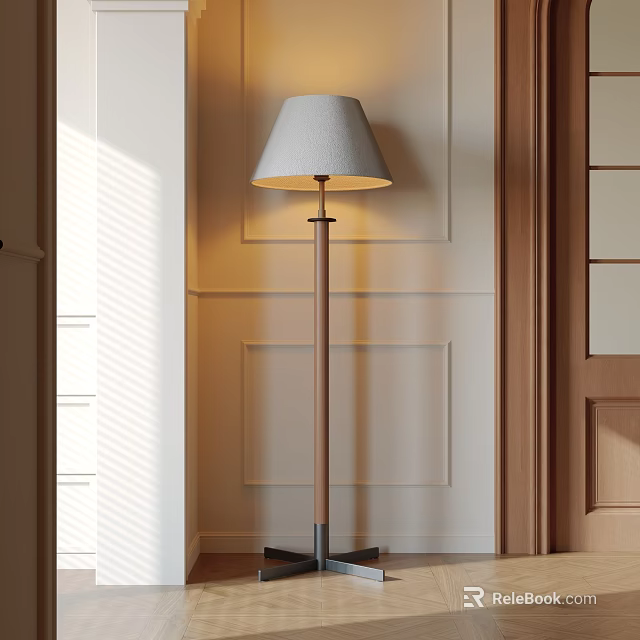 Modern Floor Lamp With Light Gray Fabric Shade Wooden Base Against Paneled Wall 3d model 