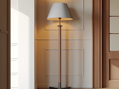 Modern Floor Lamp With Light Gray Fabric Shade Wooden Base Against Paneled Wall 3d model