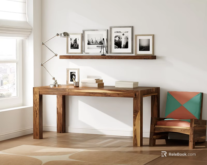 Wooden Desk Workspace With Chair Framed Photos Table Lamp And Wall Shelf 3d model 