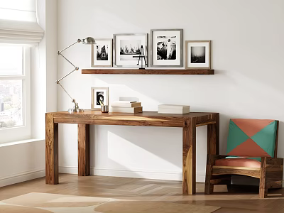 Wooden Desk Workspace With Chair Framed Photos Table Lamp And Wall Shelf 3d model