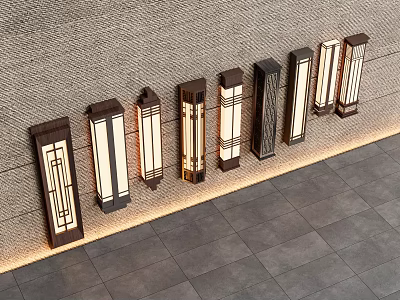 Various Modern Outdoor Lights Mounted On Stone Wall With Warm Glow And Tile Floor 3d model