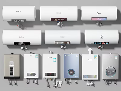 Various Types Of Electric And Gas Water Heaters As Daily Electrical Appliances For Home Use 3d model