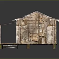 Rustic Wooden House With Multiple Metal Roofs And Elevated Wooden Deck On Stilts