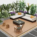 Courtyard Garden with Wooden Deck Sofa Set Orange Cushions Fire Pit Table and Lush Greenery