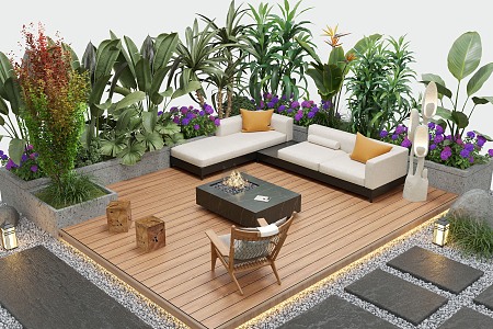 Courtyard landscape outdoor sofa flower pool landscape plants outdoor lighting 3d model