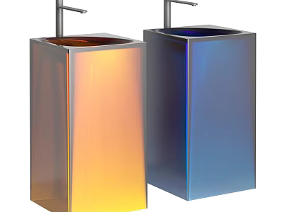 Two Square Modern Washbasins With Metallic Orange And Blue Finish And Faucets 3d model