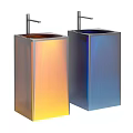 Two Square Modern Washbasins With Metallic Orange And Blue Finish And Faucets