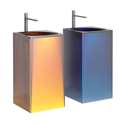 Two Square Modern Washbasins With Metallic Orange And Blue Finish And Faucets 3d model