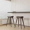 Modern Minimalist Kitchen Counter with Two Dark Bar Stools and White Wall 3d model