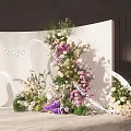Stylish Floral Decoration Setup With White Curved Backdrop And Mixed Color Flowers Green Plants