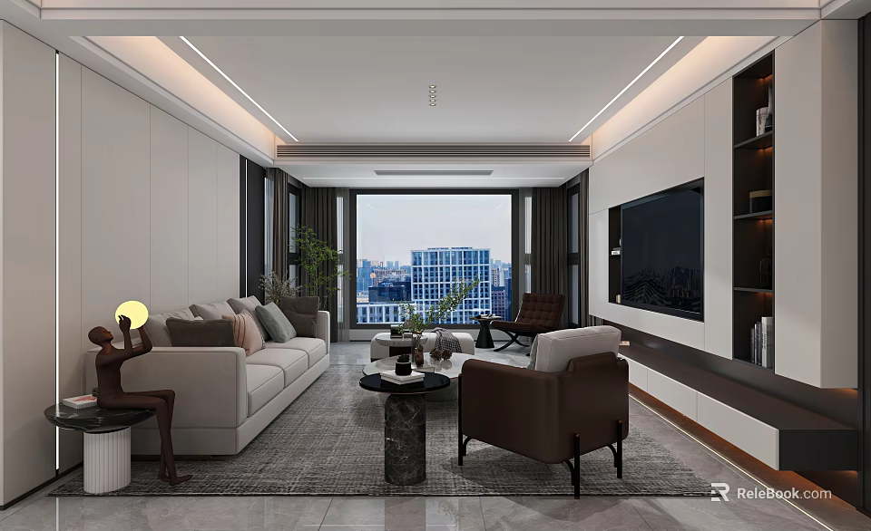 Modern Living Dining Room Interior With Beige Sofa Brown Armchair And City View Window 3d model 