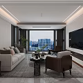 Modern Living Dining Room Interior With Beige Sofa Brown Armchair And City View Window