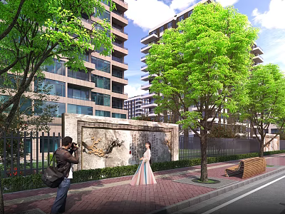 Modern High Rise Building Exterior With Glass Windows Green Trees And Decorative Wall 3d model