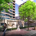 Modern High Rise Building Exterior With Glass Windows Green Trees And Decorative Wall